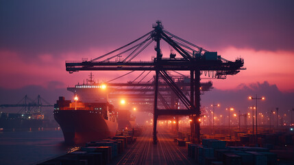 Obraz premium Twilight Shipyard Scene with Cargo Ships and Crane at Dusk