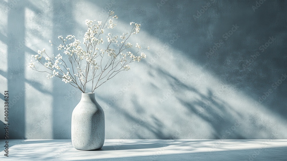 Poster Elegant modern sculpture displayed on a minimalistic white table, capturing soft sunlight and creating intriguing shadows in a serene indoor setting