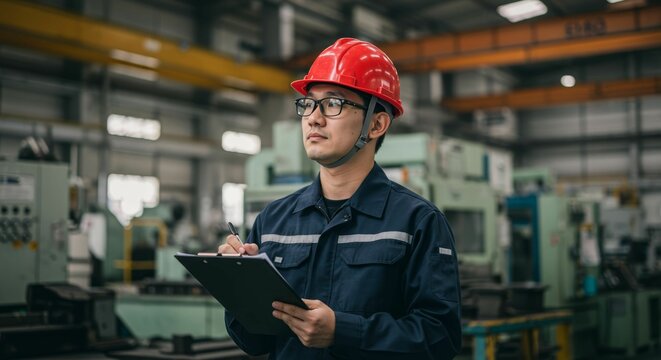 Asian male factory worker in red hard hat holding clipboard in industrial space