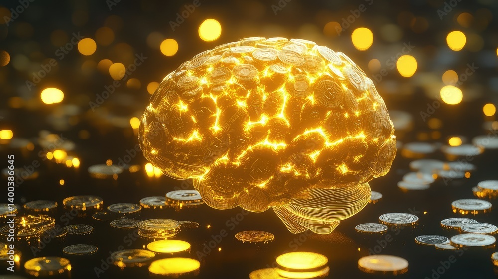 Poster 3d brain model illuminated by golden lights with coin patterns around, representing abundance mindse