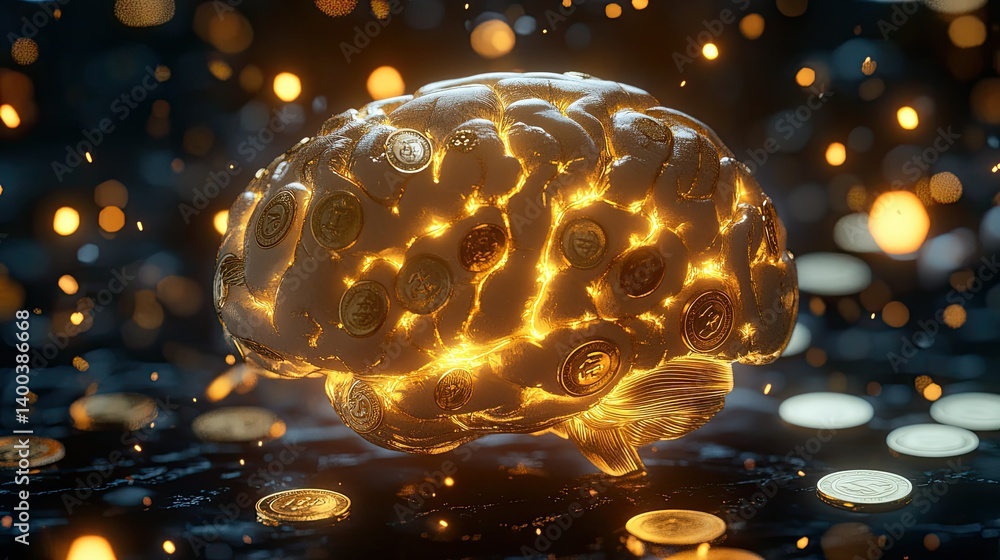 Poster 3d brain model illuminated by golden lights with coin patterns around, representing abundance mindse