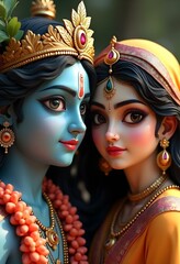 Divine Love of Lord Krishna and Radha Spiritual Indian Art Illustration