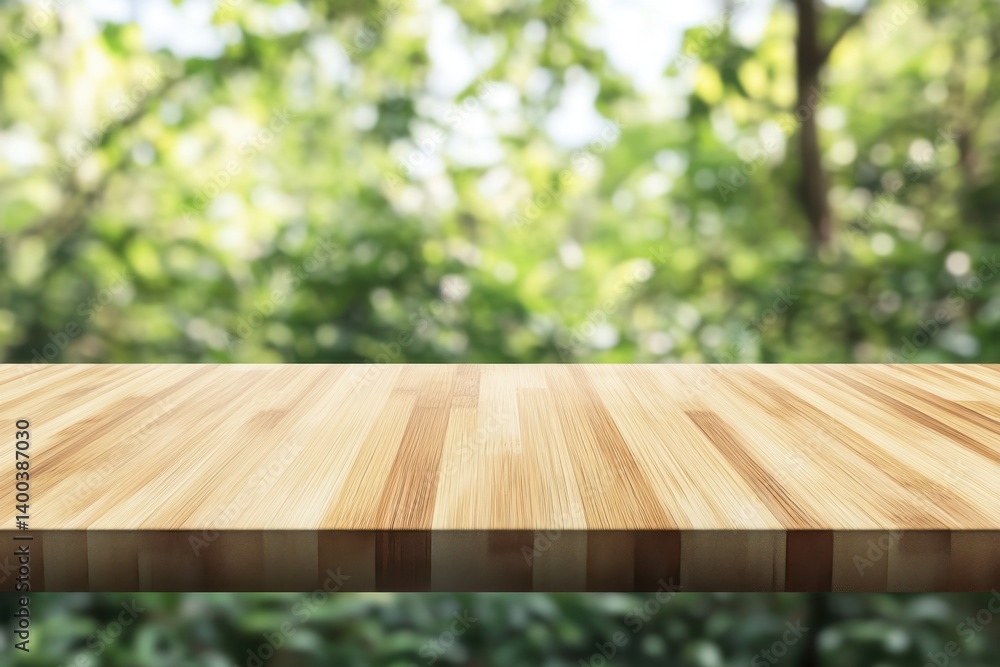 Aufkleber rustic wooden table surface against a blurred green forest backdrop creating a natural and inviting 