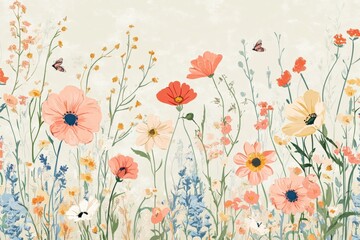 Gentle wildflowers and insects create a vibrant illustration in Lapki spirit, capturing natures beauty on a pale background