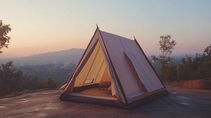 A-frame canvas tent pitched on mountaintop at sunset, overlooking valley.