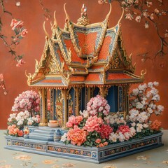 Obraz premium Ornate Thai Temple Surrounded by Colorful Blooms and Floral Details