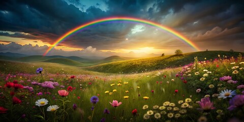 Naklejka premium Miniature Panorama: Vibrant Rainbow over Blooming Flower Field