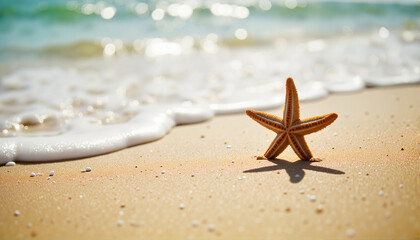 Starfish on Sandy Beach with Ocean Waves in Background for Coastal Blogs, Marine Life Education, Eco-Tourism Websites, and Nature Awareness Content