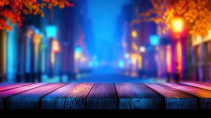 A wooden table sits empty, providing a view of a blurred city street adorned with autumn colors and vibrant streetlights. The scene captures the essence of a lively night in the city