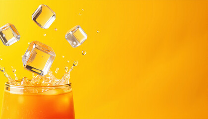 Fresh Orange Beverage Splash with Ice Cubes on Vibrant Yellow Background for Refreshing Drink Blogs, Summer Recipes, Beverage Menus, and Social Media Content -
