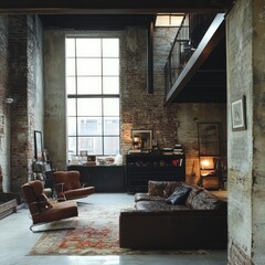 Industrial chic loft living room with exposed brick and large windows.