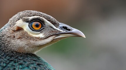 Close-Up of a Colorful Bird with Striking Eye and Intricate Feather Patterns in Natural Outdoor Setting
