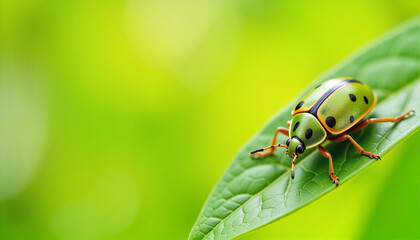 Colorful Green Beetle on Leaf Against Soft Green Background for Nature Blogs, Insect Education Websites, Environmental Awareness, and Macro Photography Content