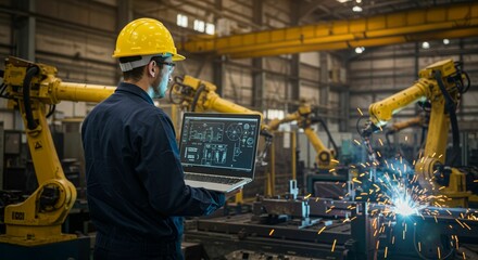 Engineer monitors robotic welding process with laptop in industrial environment