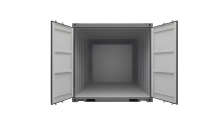 An empty shipping container stands open, ready for a new journey, promising untold adventures and possibilities, showcasing its clean, gray design against a stark white background.