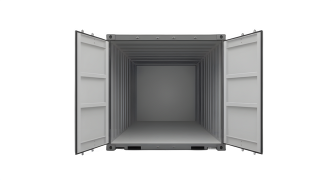 An empty shipping container stands open, ready for a new journey, promising untold adventures and possibilities, showcasing its clean, gray design against a stark white background.