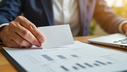 Business Professional Holding Blank Card Over Financial Reports for Networking, Marketing Campaigns, Corporate Presentations, Business Growth Articles, and Online Portfolio Sites -