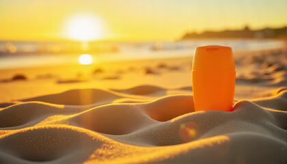 Sunscreen Bottle on Golden Sand at Sunset for Travel Blogs, Beach Safety Guides, Skincare Websites, and Outdoor Lifestyle Content -
