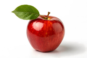 Fresh Red Apple with Green Leaf on White Background