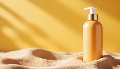 Luxurious Yellow Body Lotion Bottle on Sand for Skincare Blogs, Beauty Websites, Wellness Content, Spa Menus, and Product Promotion