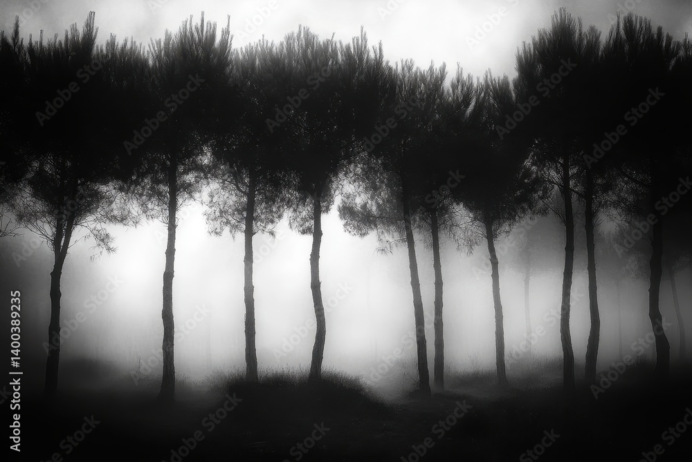 Aufkleber Mysterious fog envelops a forest path during early morning light, creating an ethereal atmosphere as trees loom in the background