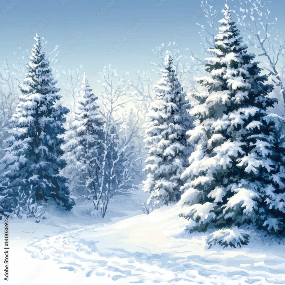 Poster serene winter wonderland landscape with snow covered fir trees in a tranquil forest setting creating