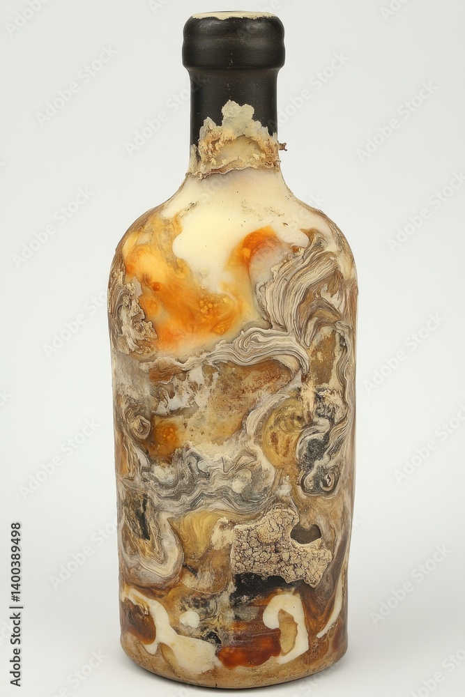 Poster aged decorative bottle with unique marble effect pattern and dark stopper against a white background
