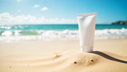 Sunscreen Bottle on Sandy Beach with Turquoise Ocean Background for Skincare Blogs, Summer Vacations, Sun Protection Awareness, and Outdoor Lifestyle Websites