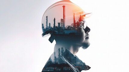 Double Exposure Image of Worker in Helmet with Industrial Background