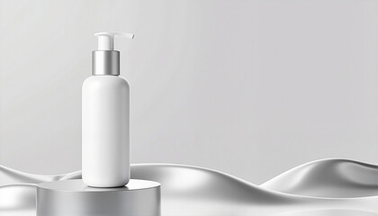 Minimalist White Lotion Pump Bottle on Silver Wave Background for Skincare Brands, Product Advertising, Beauty Blogs, Packaging Design, and Online Retail