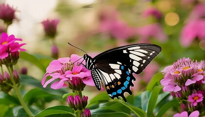 Fototapeta premium a striking black and white butterfly with vibrant blue accents delicately rests on a cluster of pink zinnia flowers in a softly blurred garden setting.