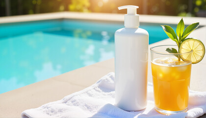 Sunlit Wellness Scene with Lotion Bottle and Refreshing Citrus Drink by the Poolside for Beauty Blogs, Summer Health Articles, Relaxation Websites, and Lifestyle Content -