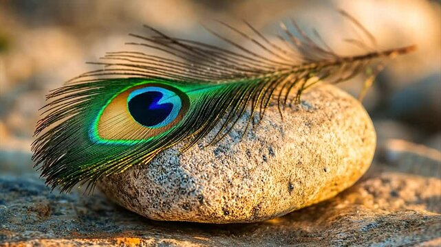 A vibrant peacock feather rests gently on a smooth, light-colored stone