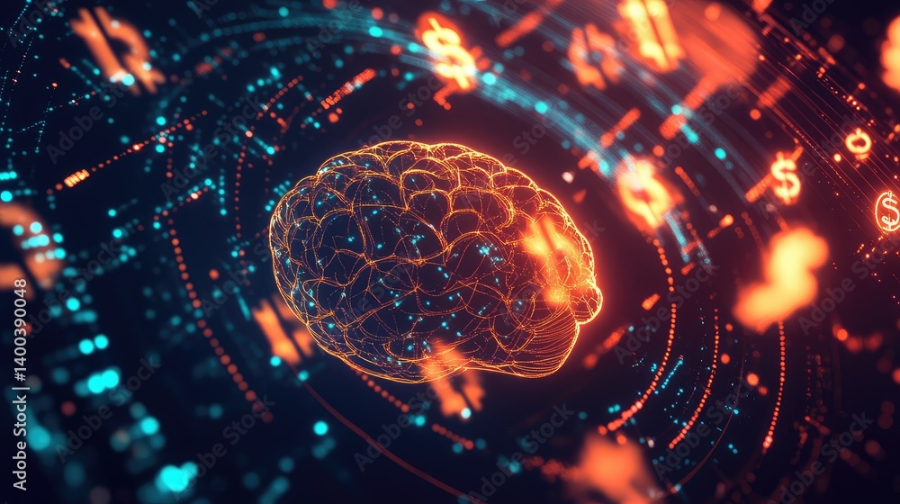 Poster digital brain surrounded by floating currency symbols and glowing lines, visualizing success and pro