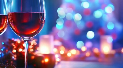 Red wine is being elegantly poured into a glass, surrounded by soft bokeh lights and festive decorations, creating a warm and inviting atmosphere perfect for celebrations