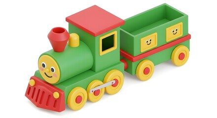 Naklejka premium A cheerful green toy train with a happy face chugging along, pulling a bright red and green cargo car featuring smiling faces, rendered in a playful 3D style.