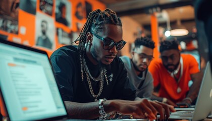 Innovative workspace with digital displays and engaged professionals collaborating in a modern office environment