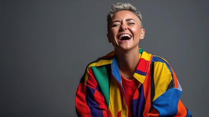 Joyful Queer Woman Laughing with Short Bold Hair in Bright Colors