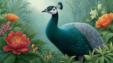 Majestic Peacock Surrounded by Lush Tropical Foliage and Vibrant Blooms in Tranquil Setting