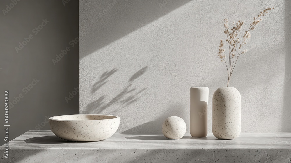 Poster Elegant modern sculpture displayed on a minimalistic white table, capturing soft sunlight and creating intriguing shadows in a serene indoor setting