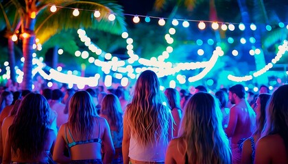 a vibrant crowd enjoys a lively nighttime beach party illuminated by colorful string lights and palm trees.