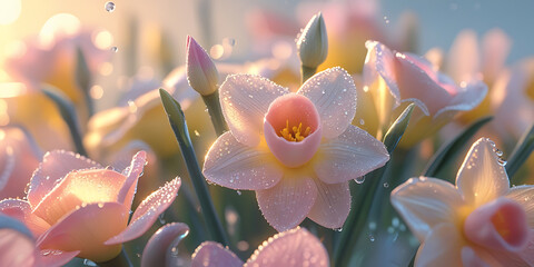 Close-up of delicate pink daffodils with morning dew and soft sunlight
