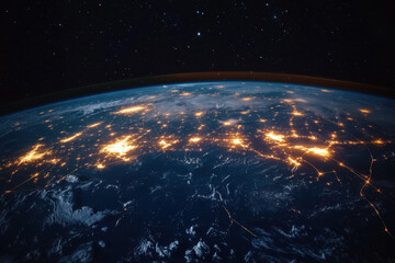 Obraz premium Earth at night: Glowing city lights illuminate the planet's urban centers, contrasting with the dark expanses of oceans and unlit landmasses.