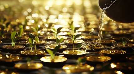 Financial growth concept with hand watering plants growing from gold coins arranged in rows under morning sunlight