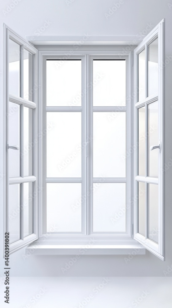 Poster open window in pristine white room evoking serenity and spaciousness with bright light and modern de