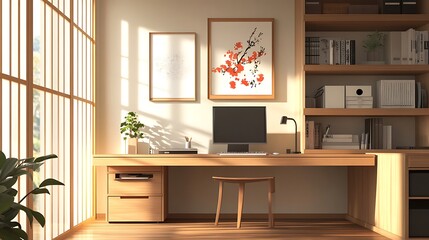 A serene japanese-style home office with natural light.