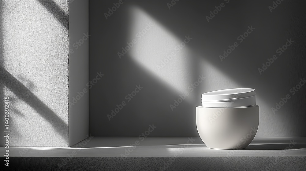 Aufkleber soft shadows illuminate a minimalist skincare jar on a clean surface during the afternoon sun in a s