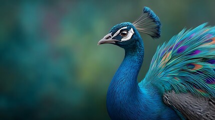 Obraz premium Beautiful peacock with vibrant blue and green feathers displaying stunning plumage in soft blurred background