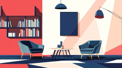 Modern living room interior design, two armchairs, coffee table, bookshelf, geometric pattern floor, red wall