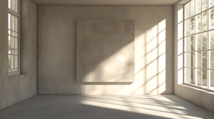 Obraz premium A sunlit, minimalist interior space with large windows.